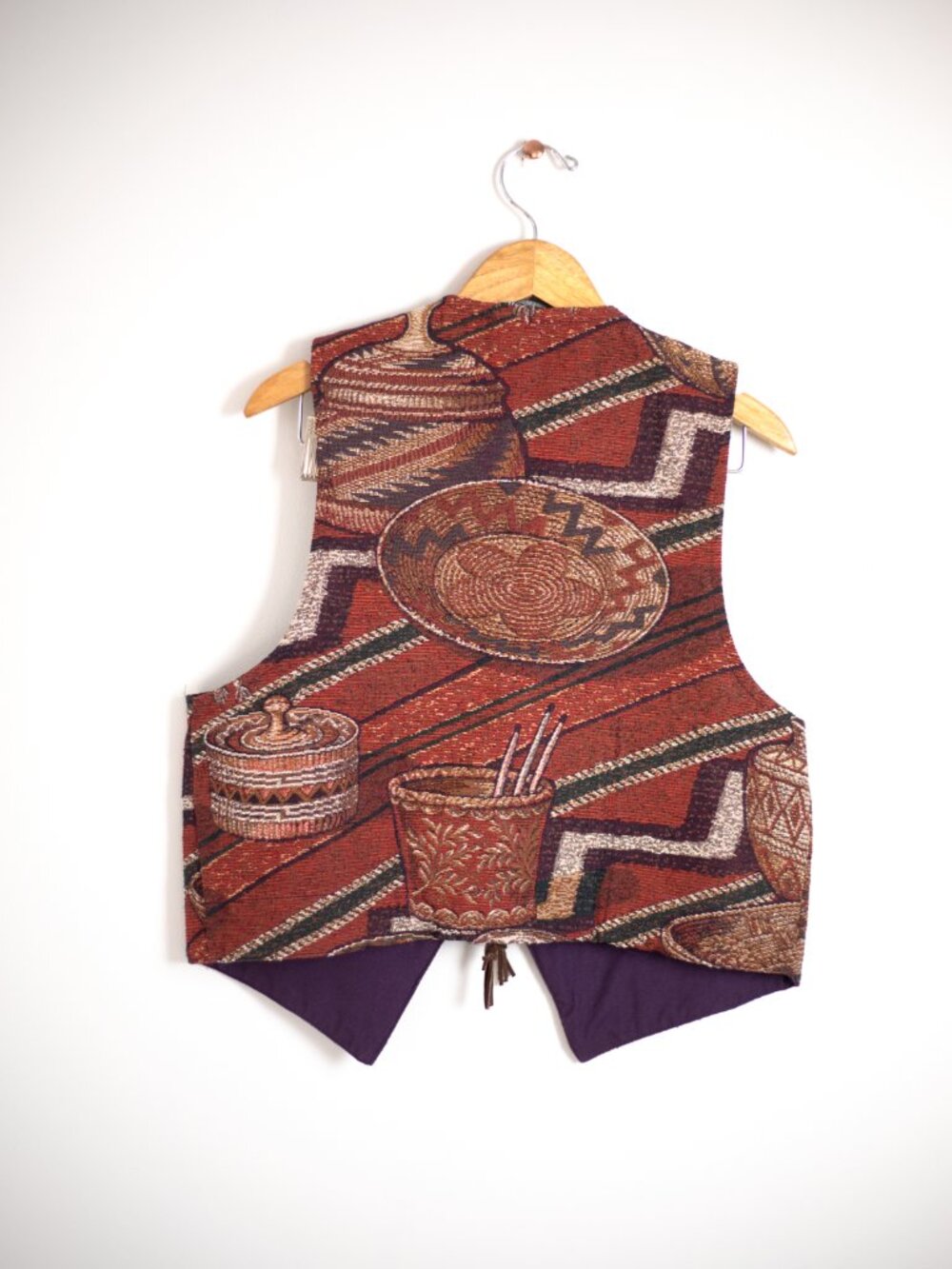 Vintage 90s Southwestern Tapestry Vest | Concho Buttons + Braided Leather Tie - Picture 2 of 8